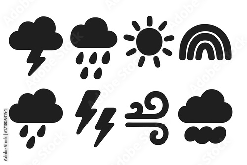 Weather icons showing various conditions such as rain, thunder, sun, and wind in a minimalist design
