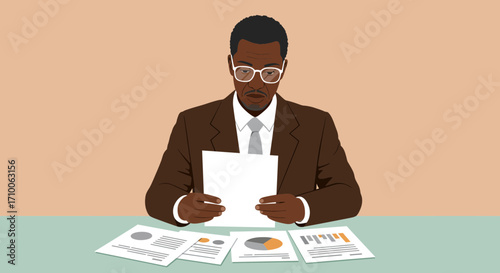 Black businessman in a suit reviewing financial reports and charts at his desk.