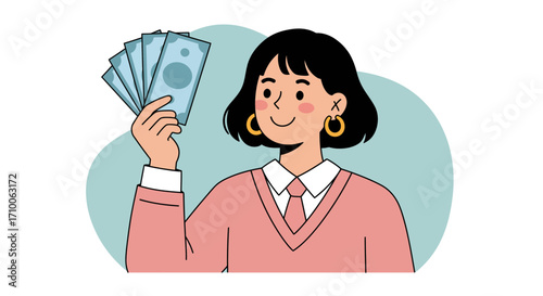 Woman holding money bills in hand.