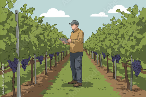 vineyard worker examines grapes with a tablet showcasing sustainable farming Clear composition vibrant green foliage and a rural setting Ideal for agriculture technology and lifestyle themes