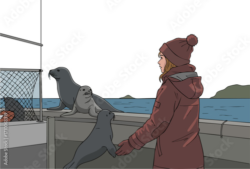 A young woman in a red coat observes seals on a boat. The scene features a calm sea and distant islands. Warm colors and a clear composition create a visually appealing image.