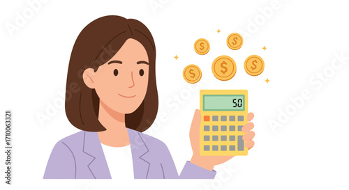 A woman in a suit holding a calculator with floating dollar coins.