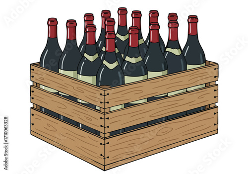 A wooden crate overflowing with wine bottles. A playful, vintage illustration style. Perfect for branding, celebrations, or food & beverage themes.
