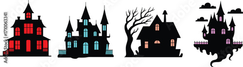 Haunted house illustrations, spooky architecture, Halloween clipart, eerie buildings, black and colored icons, ghostly dwellings, fantasy bundle set, vector pack