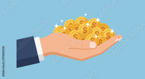 Hand Holding a Pile of Gold Coins.