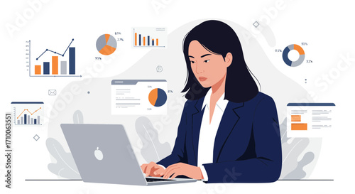 Businesswoman working on laptop with data charts and graphs analyzing information.