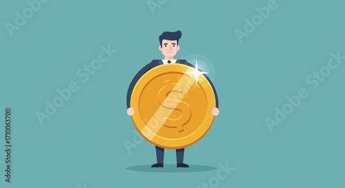 Businessman holding a large golden coin.