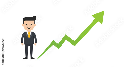 Happy businessman and upward trending green arrow.