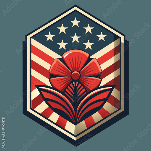 Poppy and Flag Emblem - Remembrance Veterans Day Vector