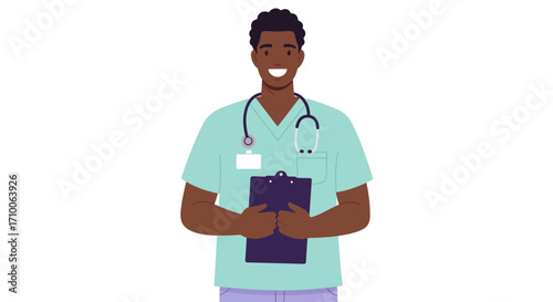 Smiling healthcare professional holding a clipboard ready to assist patients with medical needs.