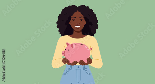 Woman Holding Piggy Bank for Savings and Financial Security.