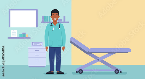 Smiling doctor in a medical room with a stethoscope around his neck.