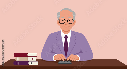 Elderly man in suit using calculator with books on desk.