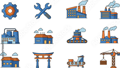 Industrial icon set, factory illustration, gear symbol, construction crane, conveyor belt, torii gate, house silhouette, tools, machinery, smokestack, infrastructure, manufacturing,