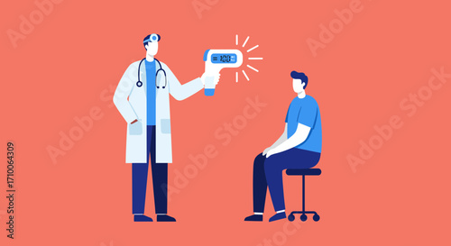 Doctor taking patients temperature with contactless thermometer.