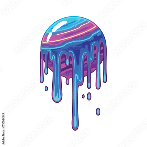 Melting colorful planet graphic design, abstract art style, vibrant colors, dripping effect.