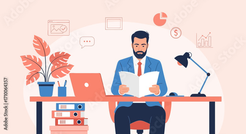 Man in suit reading a book at his desk with laptop and plant.
