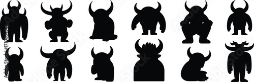 Horned creature silhouette illustrations, fantasy monster icons, black and white clipart, stylized character designs, beast bundle set, vector pack