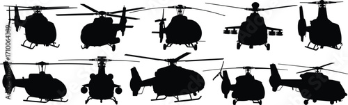 Helicopter silhouette illustrations, aviation icon set, black and white clipart, rotorcraft views, aircraft bundle pack, vector design