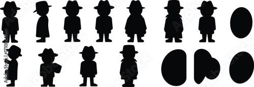 Human and abstract silhouette illustrations, cognitive comparison icons, black and white clipart, posture variations, visual test bundle, vector set