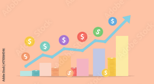 Financial Growth Chart with Coins and Upward Trend.