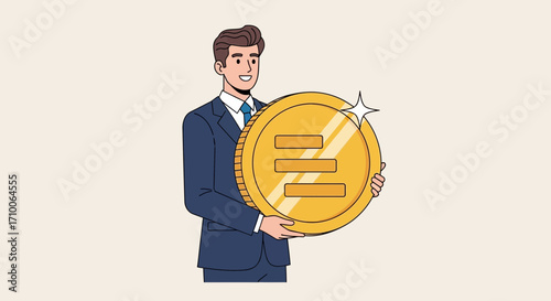 Businessman holding a large golden coin representing financial success and wealth.