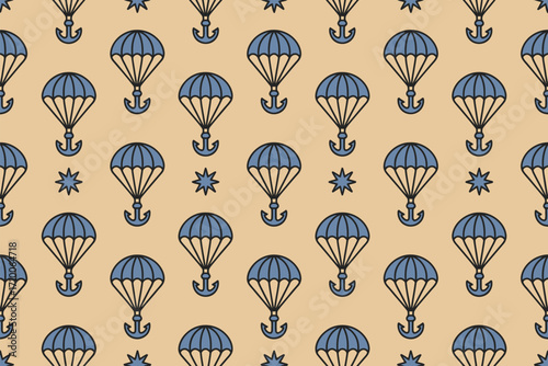 A seamless pattern featuring blue parachutes and stars on a beige background in a repeating design style