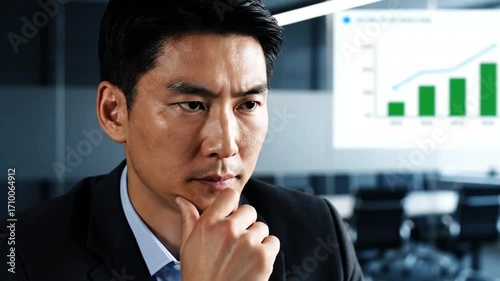 Thoughtful Asian Businessman Analyzing Business Growth on Projected Chart in a Modern Office Corporate Leader Engaged in Strategic Planning and Data Review