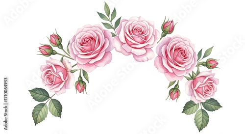 Elegant watercolor pink rose arch, delicate floral garland illustration, romantic blush flower border, perfect for wedding invitations and feminine designs.