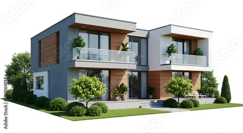 Modern twostory duplex house with a flat roof and a combination of wood and concrete isolated on transparent background