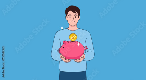 Smiling young man putting a gold dollar coin into a pink piggy bank.