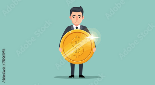Businessman holding a large golden dollar coin with a serious expression.