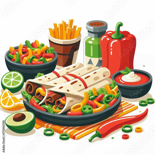 Colorful illustration of burritos salsa peppers fries and avocado on striped placemat