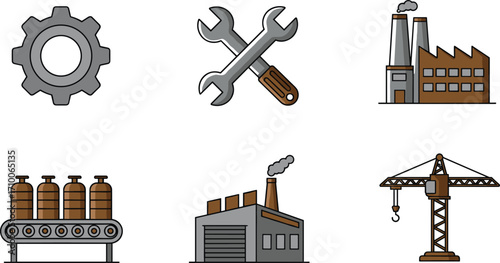Industrial icon set, factory illustration, gear symbol, wrench and screwdriver, conveyor belt, smokestack, crane graphic, machinery, construction, engineering, manufacturing,