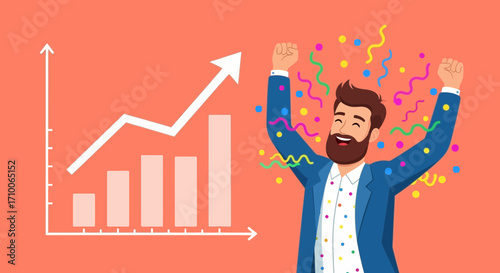 Successful businessman celebrating financial growth and achievement with rising graph.