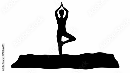 Silhouette of a person in a tree pose on a black surface with hands raised above the head in a white background