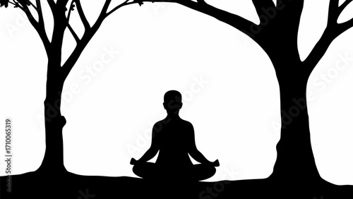 Silhouette of a person meditating in lotus position under two trees in a black and white landscape