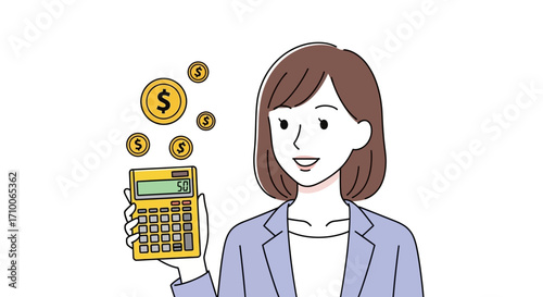 Happy businesswoman with calculator and money.
