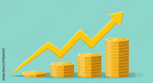 Financial growth and investment concept with increasing coin stacks and upward arrow.