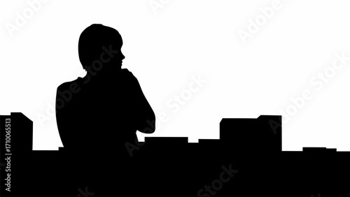 Silhouette of person contemplating over city skyline with hand on chin against white background view scene