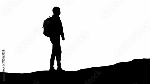 Silhouette of a person with a backpack standing on a hill against a white background in a simple style