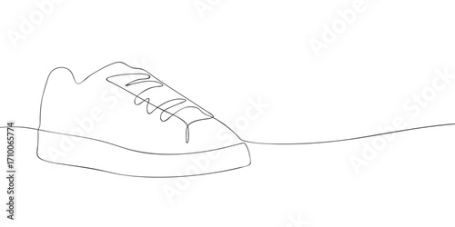 One line drawing of a sneaker with laces and flat sole. Minimalist footwear illustration. Sport, casual style and streetwear concept for design, textile and education