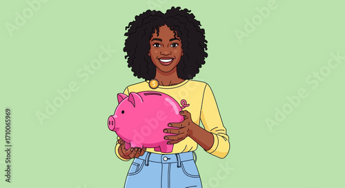Happy woman holding a piggy bank.