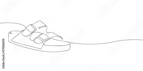 One line drawing of a sandal with two buckle straps and flat sole. Minimalist footwear illustration. Summer fashion and casual style concept for design, textile, education and print