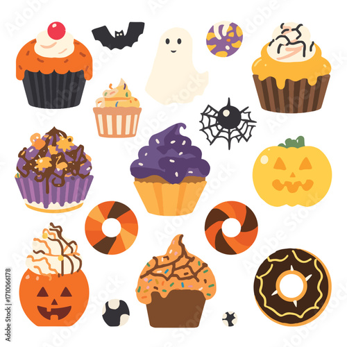 Donuts and halloween treats like themed cupcakes candy pumpkin bat ghost and spider perfect for spooky celebrations.
