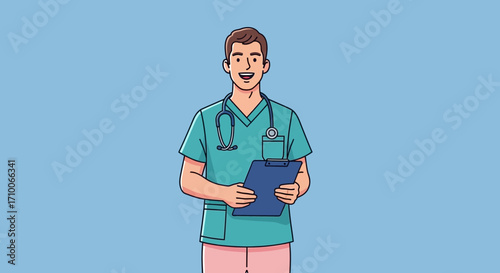 Smiling male doctor holding a clipboard.