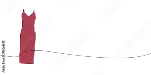 Continuous line drawing of a red evening dress. Minimal vector illustration of fashion clothing for women, formal wear, textile, apparel, and dress design template