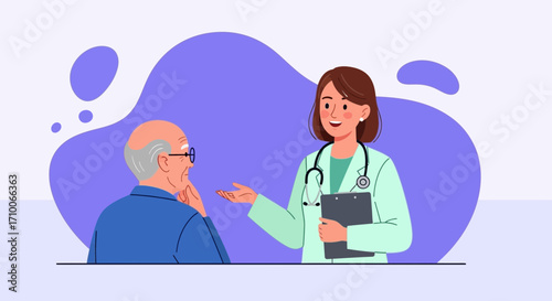 Caring female doctor provides medical advice to a senior man in her office.