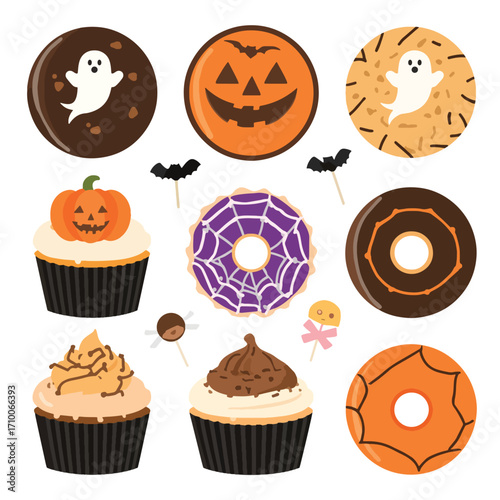Donuts and halloween treats like themed cupcakes candy pumpkin bat ghost and spider perfect for spooky celebrations.
