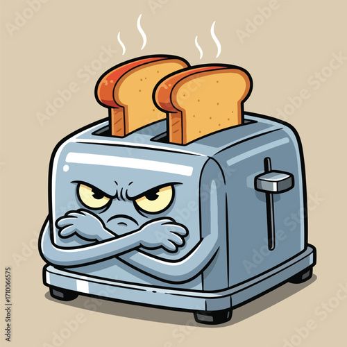 An angry-looking toaster with crossed arms, depicting a grumpy appliance.
